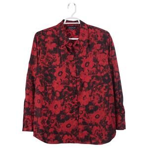 NWT Jones New York Top 3X Red Floral Print Cotton Button-Up Long Sleeve Blouse